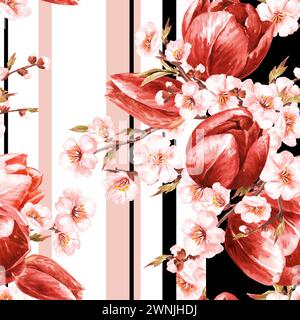 Rote Tulpen und Frühlingsblumen mit Streifen, handgezeichnetes nahtloses Aquarellmuster Stockfoto