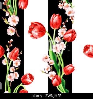 Rote Tulpen und Frühlingsblumen mit Streifen. Hand gezeichnetes nahtloses Aquarellmuster isoliert auf weißem Hintergrund Stockfoto