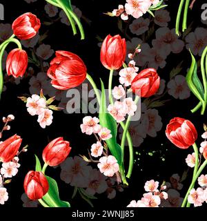 Rote Tulpen und Frühlingsblumen. Handgezeichnetes nahtloses Aquarellmuster auf schwarzem Hintergrund Stockfoto