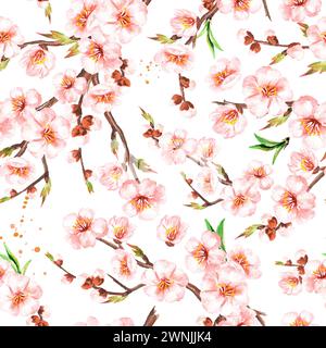 Frühlingsblumen. Hand gezeichnetes nahtloses Aquarellmuster isoliert auf weißem Hintergrund Stockfoto