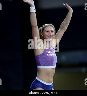 Glasgow, Großbritannien. März 2024. Molly Caudery of Britain feiert das Stabhochsprung-Finale der Leichtathletik-Hallenweltmeisterschaften 2024 in Glasgow, Großbritannien, am 2. März 2024. Quelle: Li Ying/Xinhua/Alamy Live News Stockfoto