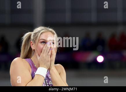 Glasgow, Großbritannien. März 2024. Molly Caudery of Britain feiert nach dem Stabhochsprung-Finale der Leichtathletik-Hallenweltmeisterschaften 2024 in Glasgow, Großbritannien, am 2. März 2024. Quelle: Li Ying/Xinhua/Alamy Live News Stockfoto