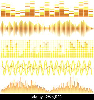 Vektorsatz mit gelben Schallwellen. Audio-Equalizer. Ton und Audiowellen isoliert auf weißem Hintergrund. Stock Vektor