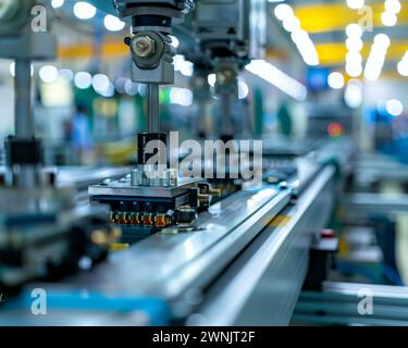 Eine detaillierte Ansicht einer Maschine, die in einem stark frequentierten Werk betrieben wird, zeigt die komplexen Komponenten und Mechanismen der industriellen Produktion. Stockfoto