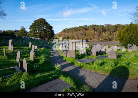 St Tysilio's Church and Graveyard auf Church Island neben der Menai Strait, Anglesey, Nordwales. Stockfoto