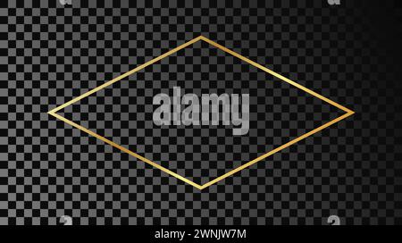 Goldener, leuchtender rautenförmiger Rahmen, isoliert auf dunklem transparentem Hintergrund. Glänzender Rahmen mit leuchtenden Effekten. Vektorabbildung. Stock Vektor