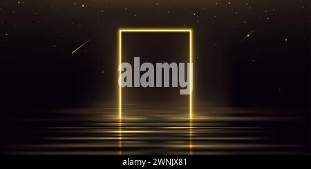 Rechteckiger gelber Rahmen auf dunklem Wasserhintergrund. Vektor-realistische Illustration der goldenen Neon-Gate-Reflexion auf flüssiger Oberfläche, Schießsterne spar Stock Vektor