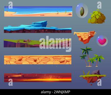 Spiel-ui-Elemente mit schwimmender Bodenplattform. Comic-Assets mit Meerwasser und Sandstrand, mit Eis bedecktem Land, grünem Gras, gesundem Sand Stock Vektor