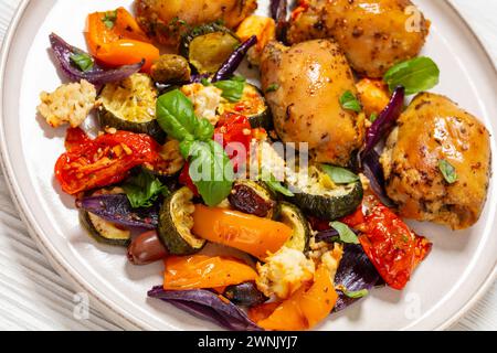 Gebackene Hähnchenschenkel ohne Knochen mit gemischtem Gemüse und gewürfeltem Fetakäse auf Teller auf weißem Holztisch, Nahaufnahme Stockfoto