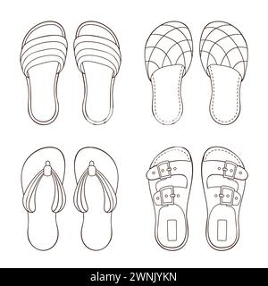 Herrenschuhe für den Sommer und zu Hause im Line-Art-Stil. Handgezeichnete, skizzierte Freizeitschuhe. Vektorillustration auf weißem Hintergrund isoliert. Stock Vektor