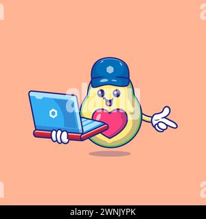 Niedliche Avocado Hält Laptop Charakter Vektor Icon Illustration Stock Vektor