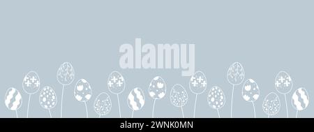 Blaues Banner zur Osterdekoration. Silhouetten von Ostereiern, die wie Blumen im Vintage-Stil wachsen Stock Vektor