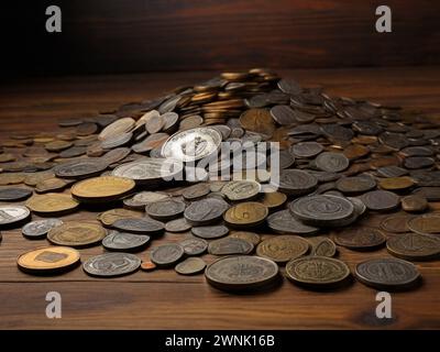 Berg mit verschiedenen antiken Münzen auf einem braunen Holztisch Stockfoto