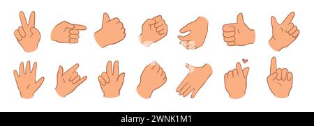 Zeichentrickhandset. Verschiedene Gesten zeigen, Aufmerksamkeit, Faust, Daumen hoch. Isolierte Vektordarstellung Stock Vektor