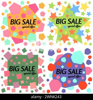 Set mit quadratischen Bannern für große Sonderangebote auf weißem Hintergrund. Vektorhintergrund mit farbenfrohen Designelementen. Vektorabbildung. Stock Vektor