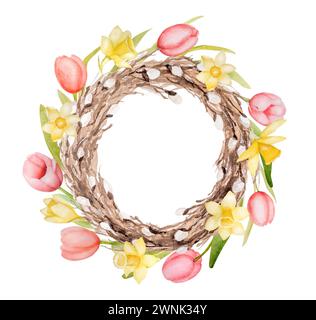 Aquarell Clipart of A Wreath aus Weiden, Tulpen und Narzissen illustriert Ein Frühlingsthema Stockfoto