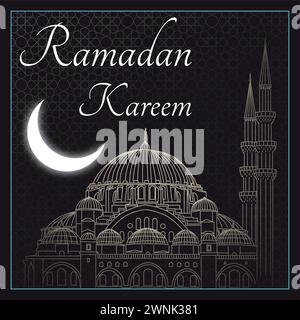 Ramadan kareem Konzeptvektor. Suleymaniye-Moschee mit Mondsichel und islamischem Muster auf dem Hintergrund. Stock Vektor