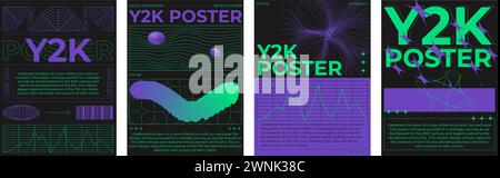 Retro-Banner mit futuristischem Flair. Vektor-realistische Illustration von y2k ästhetischen Postern mit grünem und lila Farbverlauf, Text und Schildern auf schwarzem Ba Stock Vektor
