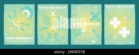 Y2K ästhetisches Poster-Design mit abstrakter einfacher Form und Tribal Schmetterling Ornament auf pastellgrünem und gelbem Aura Farbverlauf Hintergrund. Vektorsatz o Stock Vektor