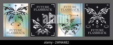 Y2K Stil Boho ästhetische Banner Set. Vektor-realistische Illustration von retrowellenförmigen Plakaten mit eleganter Blumendekoration auf Farbverlauf und schwarzem Ba Stock Vektor