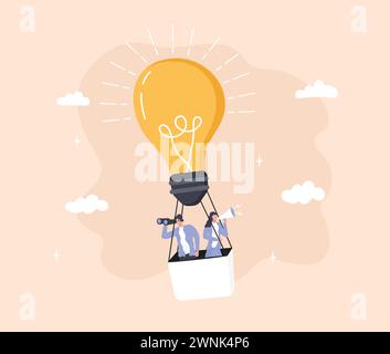 Büroangestellte fliegen in einem Heißluftballon in Form einer Glühbirne. Suchen Sie im Internet, lösen Sie das Problem. Stock Vektor