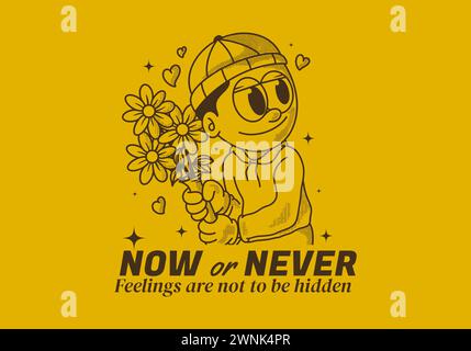 Jetzt oder nie. Vintage-Illustration eines Beanie-Typen, der eine Blume hält Stock Vektor