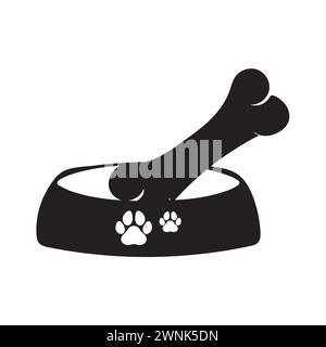 Hund Schüssel mit Knochen flache Art Icon Vektor Illustration, schwarze Silhouette Haustier Schüssel mit Knochen. Schüssel für Katze oder Hund für Kroketten und Wasser. Stock Vektor