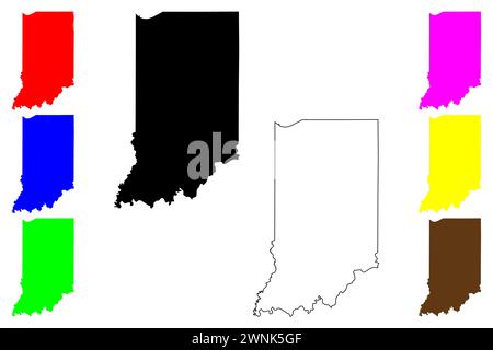 Silhouette und Umriss der Indiana-Karte des Bundesstaates Indiana (USA, USA oder USA) Stock Vektor