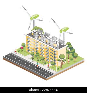 Isometrisches fünfstöckiges Wohngebäude mit Solarpaneelen und Windturbinen. Green Eco Friendly House. Infografik-Element. Vektorabbildung. Stock Vektor