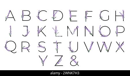 Lavendelblüte violett kleines Blumenalphabet für die Gestaltung von Karte oder Einladung. Vektor-Illustrationen, isoliert auf weißem Hintergrund für Sommer Blumen Stock Vektor