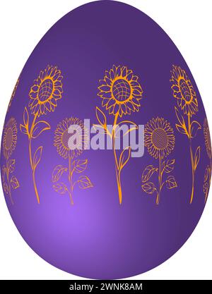 Realistisches 3D-Ei mit umrissenem Sonnenblumenreihenmotiv für die Ostergrußkarte Stock Vektor