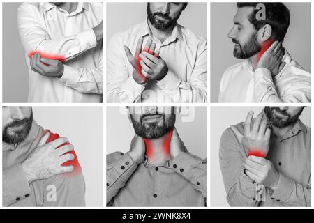 Männer mit Rheuma, schwarz-weiß-Effekt mit rotem Akzent. Collage von Fotos Stockfoto