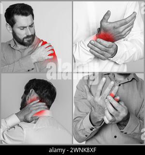 Männer mit Rheuma, schwarz-weiß-Effekt mit rotem Akzent. Collage von Fotos Stockfoto