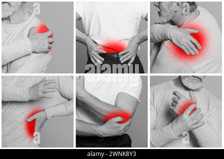 Männer mit Rheuma, schwarz-weiß-Effekt mit rotem Akzent. Collage von Fotos Stockfoto