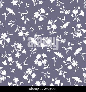 Nahtloses Blumenmuster mit kleinen weißen kleinen Blüten auf lila Hintergrund. Vektor-Blumenmuster Stock Vektor