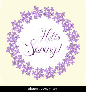 Runder Rahmen mit lilafarbenen Blumen und Hello Spring Phrase, Feder Design Element, Vektor Illustration Stock Vektor
