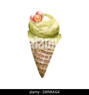 Eiscreme Aquarellillustration. Handgezogenes Süßeis in Waffelkegel Stockfoto