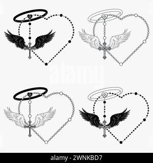 Vektordesign des geflügelten Kreuzes mit herzförmigem Rosenkranz, herzförmigem Rosenkranz mit Flügeln, Symbologie der katholischen Religion Stock Vektor