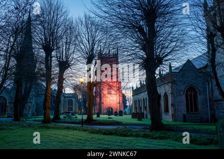 Evesham Bell Tower und Kirchen im märz bei Sonnenaufgang. Evesham, Wychavon, Worchestershire, England Stockfoto