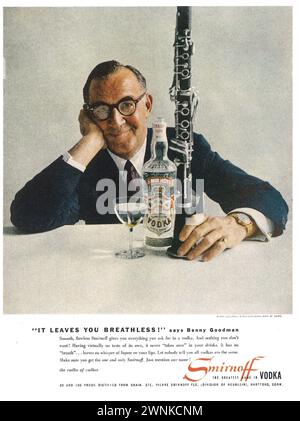 1958 Smirnoff Vodka Benny Goodman Printwerbung Stockfoto