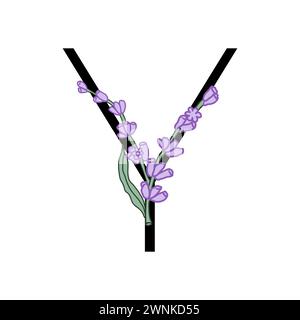 Lavendelblüte violett kleines Blumenalphabet für die Gestaltung von Karte oder Einladung. Vektor-Illustrationen, isoliert auf weißem Hintergrund für Sommer Blumen Stock Vektor