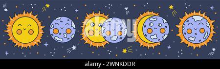 Sonnenfinsternis. Phasen des Einsetzens der Sonnenfinsternis. Sternenhimmel. Bunte Vektor-Illustration Hand gezeichnet Doodle. Blauer Hintergrund horizontal Stock Vektor