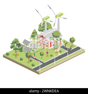 Isometrisches altes rotes Haus mit Solarpaneelen und Windturbinen in Vorstadt. Umweltfreundliches Haus. Infografik-Element. Vektorabbildung. Stadtarchitektur Stock Vektor