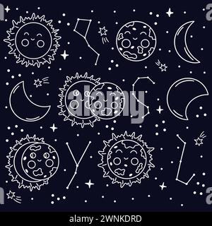 Sonnenfinsternis. Phasen des Einsetzens der Sonnenfinsternis. Nachthimmel mit Sternen und Sternbildern. Weiße Vektor-Illustration Hand gezeichnet Kritzelei auf blauem Hintergrund Stock Vektor
