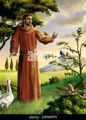 Der heilige Franziskus predigt vor Vögeln in einer wunderschönen Landschaft. Digitale Illustration. Stockfoto