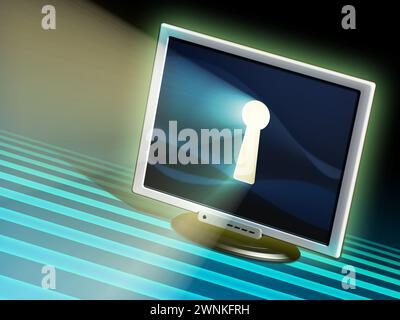 Keyhole in einem Monitor: Online-Datenschutzkonzept. Handgemalte Abbildung. Stockfoto