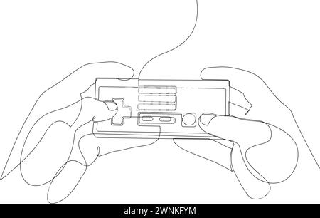 Durchgehende Linienzeichnung menschlicher Hände, die die Fernbedienung einer alten Spielkonsole halten. Retro-Spielekonzept in einer Linie. Vektorabbildung Stock Vektor