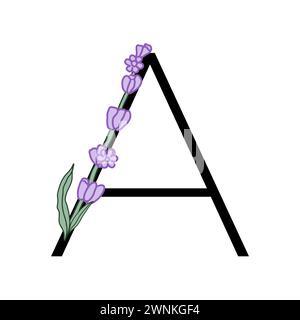 Lavendelblüte violett kleines Blumenalphabet für die Gestaltung von Karte oder Einladung. Vektor-Illustrationen, isoliert auf weißem Hintergrund für Sommer Blumen Stock Vektor