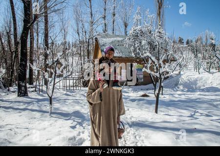 Ein Vater, der sein Kind auf einer Schulter trägt, geht auf schneebedeckten Wegen, nachdem er während einer landesweiten Pulse Polio Immunisierung (PPI) in einem Regierungsgesundheitszentrum in einem abgelegenen Dorf in Budgam, nordöstlich von Srinagar, eine Dosis Polio-Impftropfen verabreicht hat. Mehr als 1,9 Millionen Kinder unter fünf Jahren erhalten am 3. März den Polio-Impfstoff in 11.000 Kabinen, in denen Impfstoffe über Hubschrauber in Jammu und Kaschmir in schneebetroffene Gebiete geschickt werden. Hochrangige Gesundheitsbeamte sagten lokalen Medien, dass etwa 45.000 Beschäftigte im Gesundheitswesen in den Prozess einbezogen werden, um sicherzustellen, dass kein Kind l ist Stockfoto