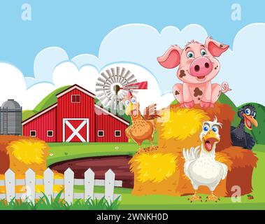 Cartoon-Bauernhoftiere vor einer roten Scheune Stock Vektor
